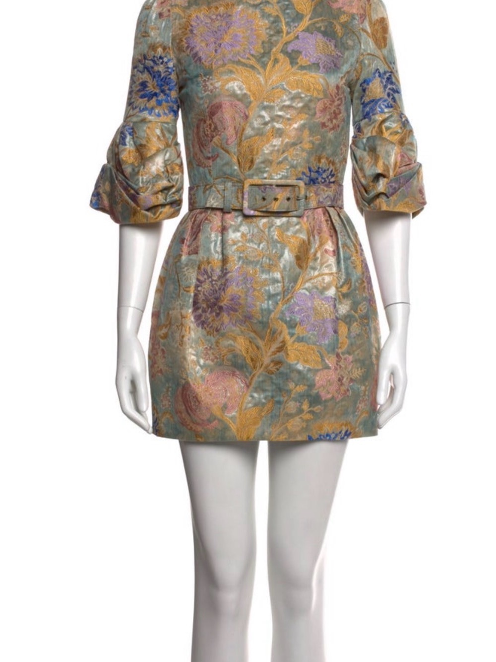 Floral Jacquard Belted Mini Dress in Sage Green